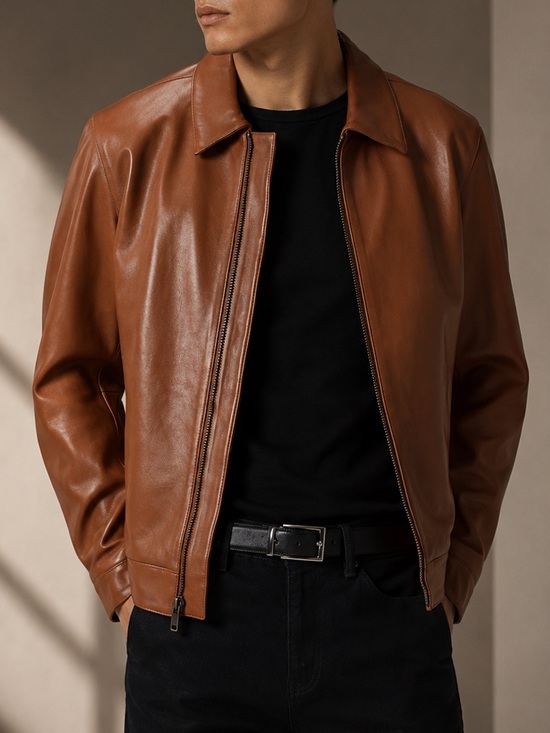 Quince Other - Quince Men 100% Leather Harrington Jacket Dark‎ Cognac Brown XL